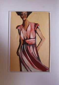 Frau in einem langen rosa Kleid, Gemälde, Öl auf Papier
