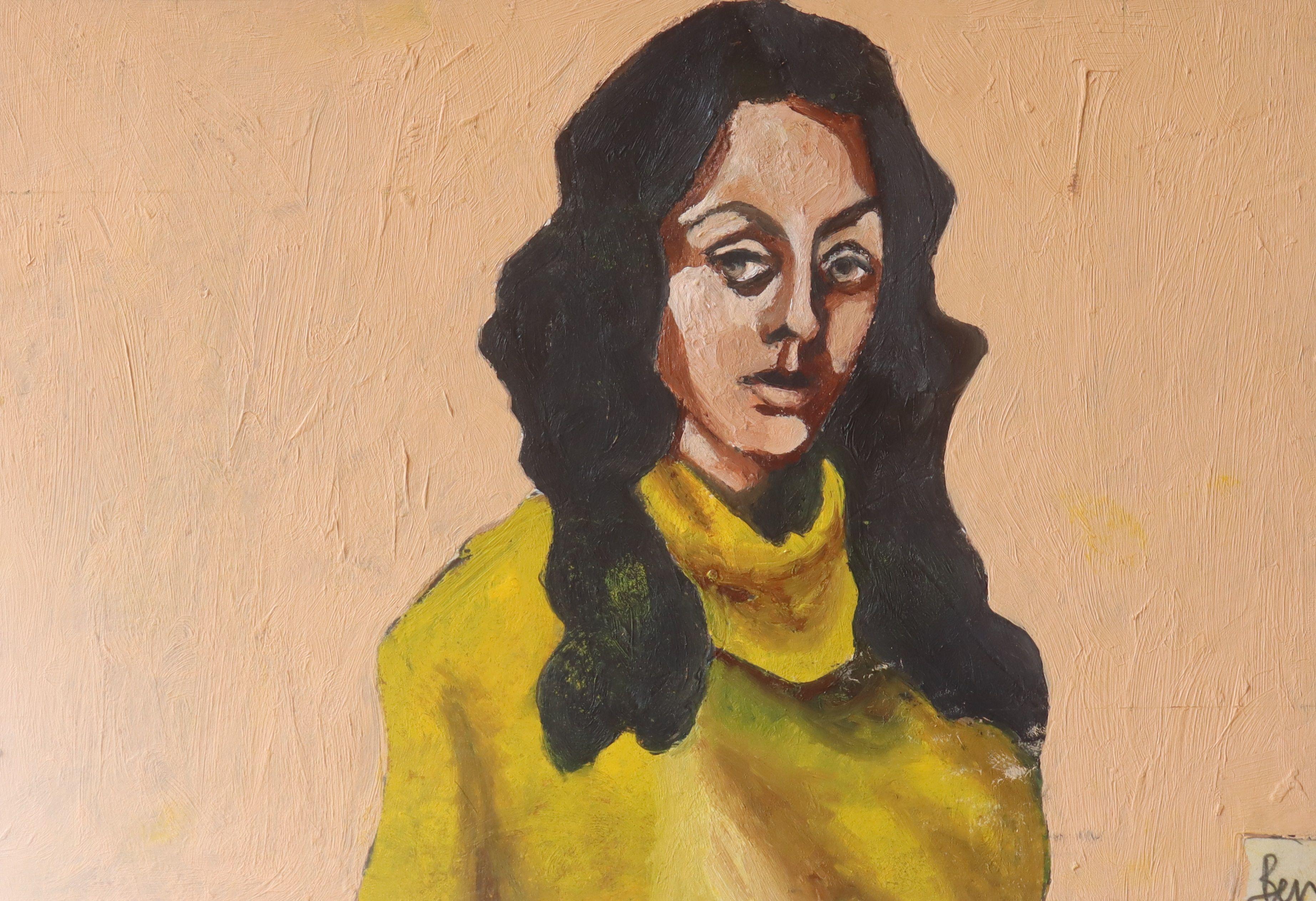 Donna con maglione giallo, Pittura, Olio su carta