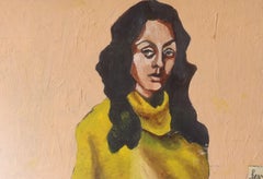 Frau im gelben Pullover, Gemälde, Öl auf Papier