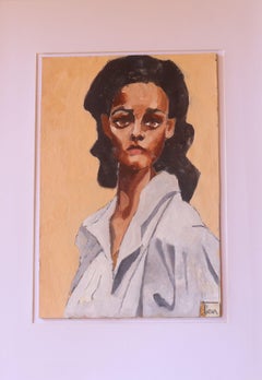 Frau im weißen Hemd, Gemälde, Öl auf Papier