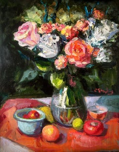 Pink Roses with Persimmons, Painting, Oil on MDF Panel