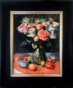 Pink Roses with Persimmons, Painting, Oil on MDF Panel