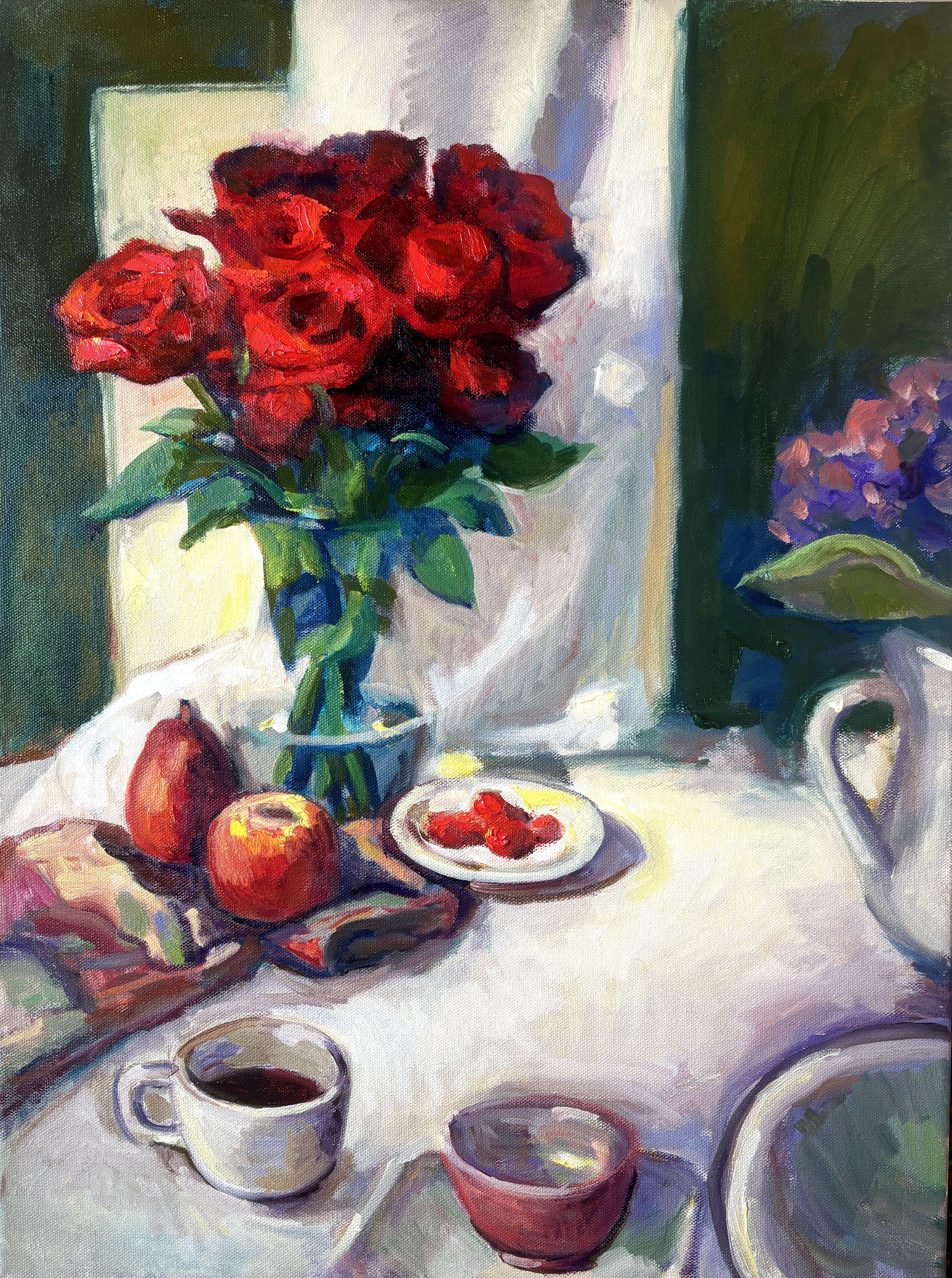 Red Roses and Coffee, Painting, Oil on Canvas - Art by Carol Steinberg
