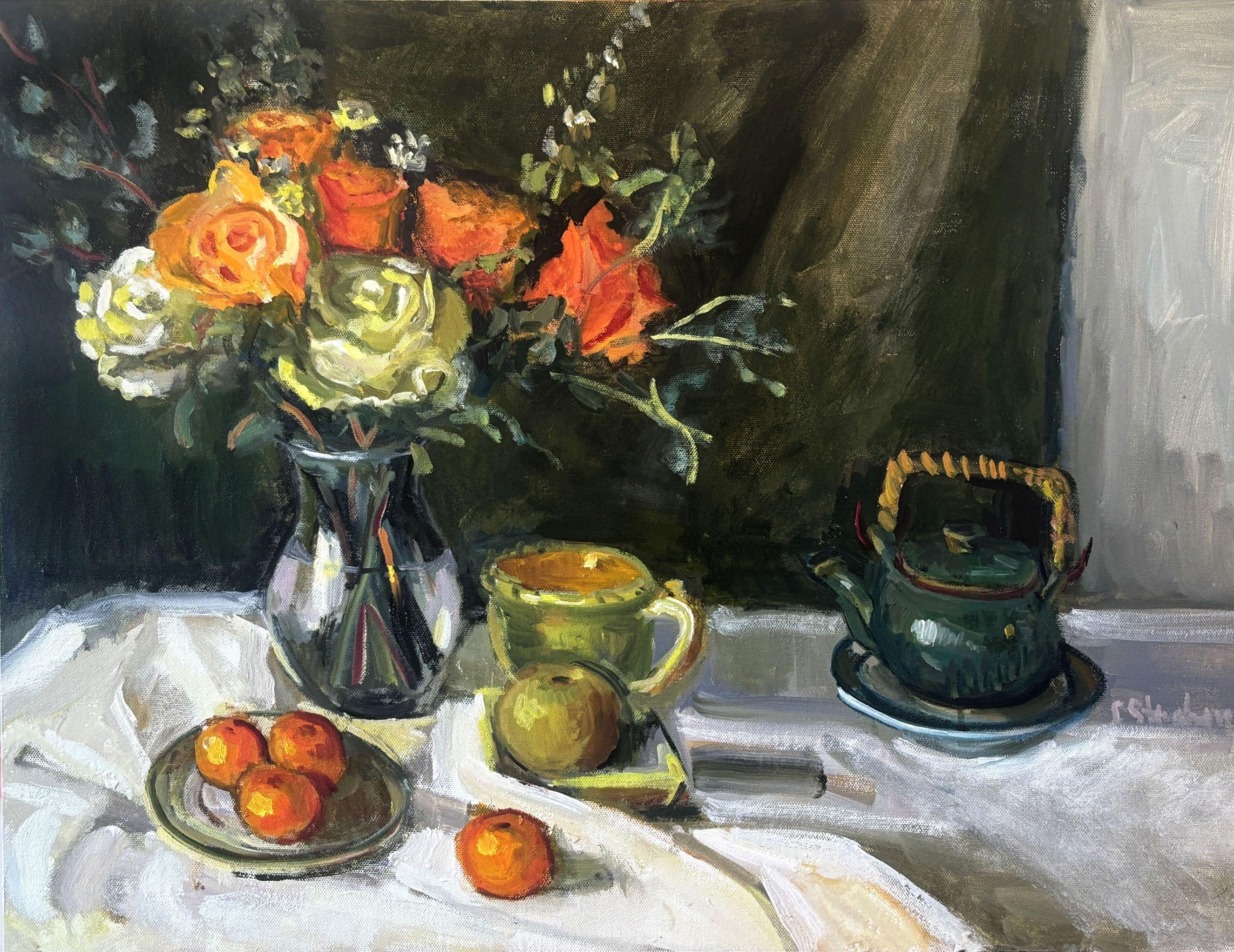 Birthday Roses and Cuties, Painting, Oil on MDF Panel - Art by Carol Steinberg