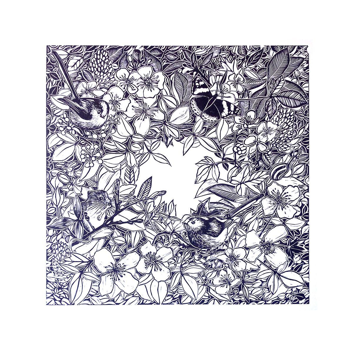 Piccole fiabe, opera stampata a mano, linoleografia - Art di Carolynne Coulson