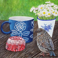 Als der Dunnock einen Tunnock traf, Malerei, Acryl auf Holztafel