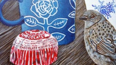 Cuando el acentor común se encontró con un acentor común, Pintura, Acrílico sobre panel de madera