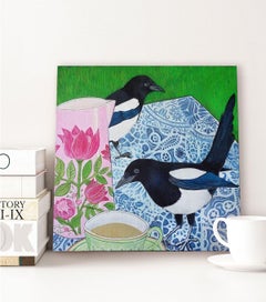 Dos vienen a tomar el té (dos urracas para la alegría), Pintura, Acrílico sobre panel de madera