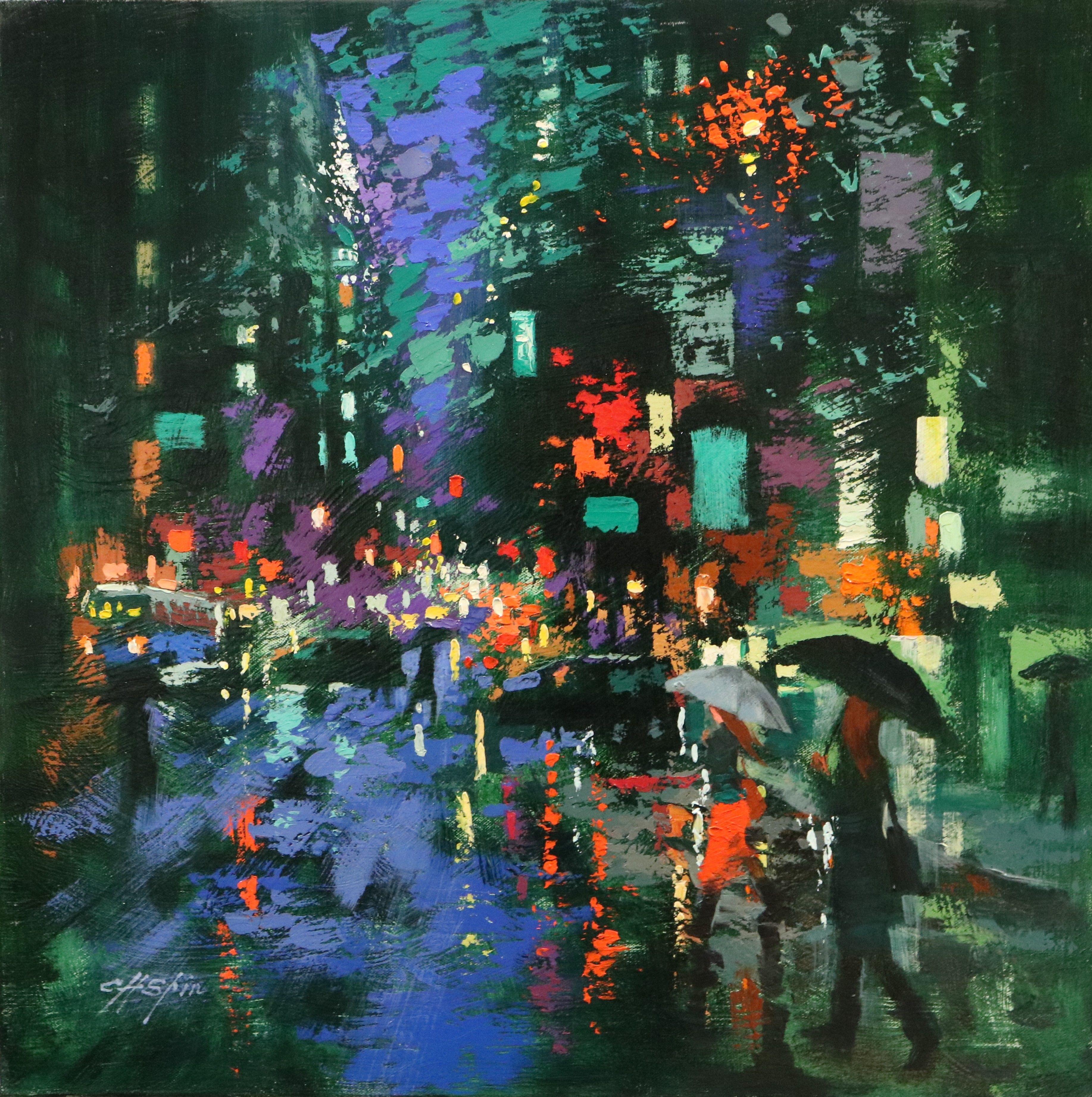 Rainy Day Walkers in Lexington Avenue, Painting, Oil on Canvas