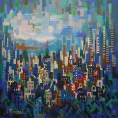 La ciudad azul, Pintura, Óleo sobre lienzo