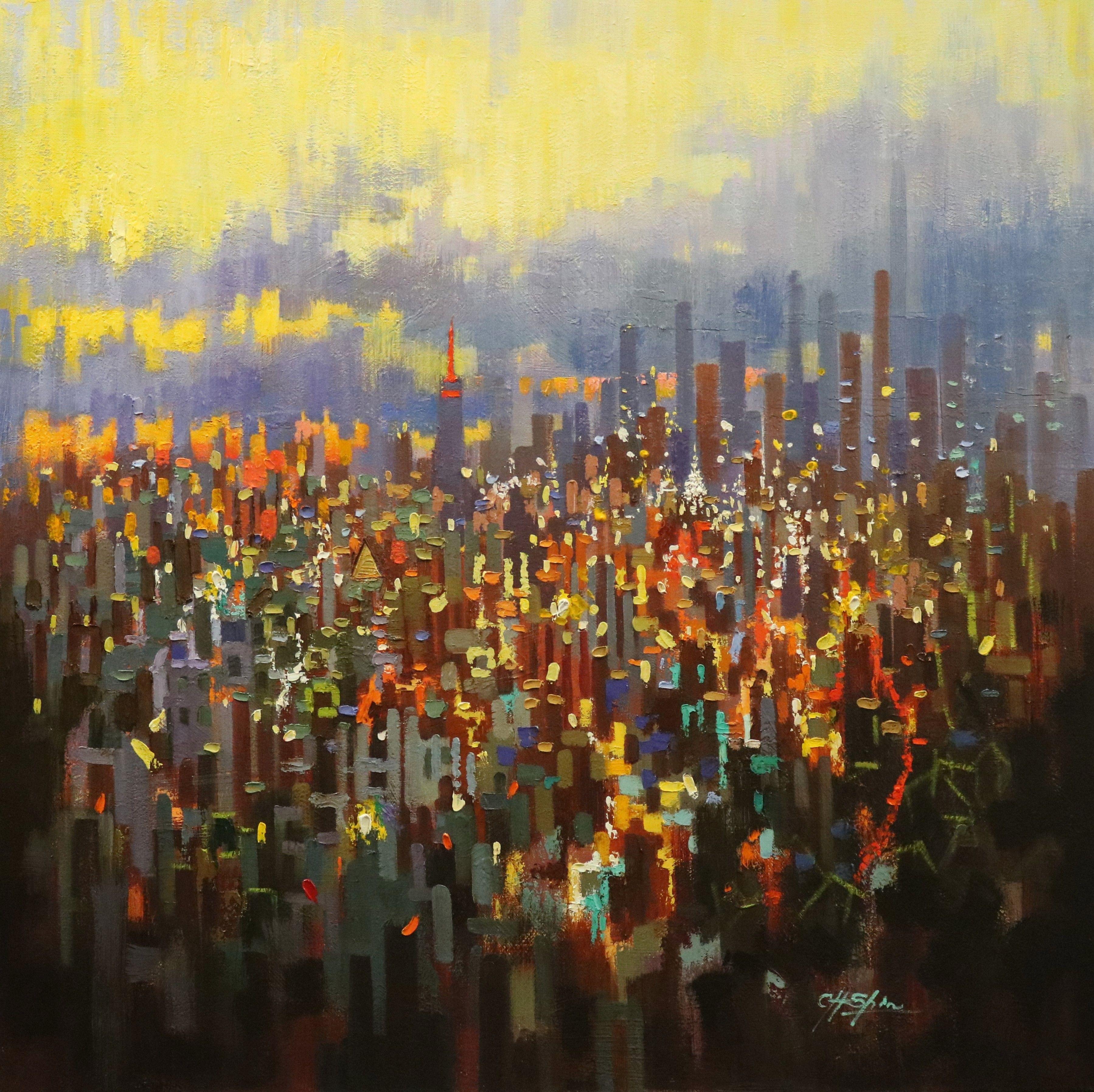 New York bei Sonnenuntergang, Gemälde, Öl auf Leinwand