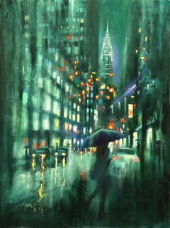 Pioggia notturna a New York, Pittura, Olio su tela