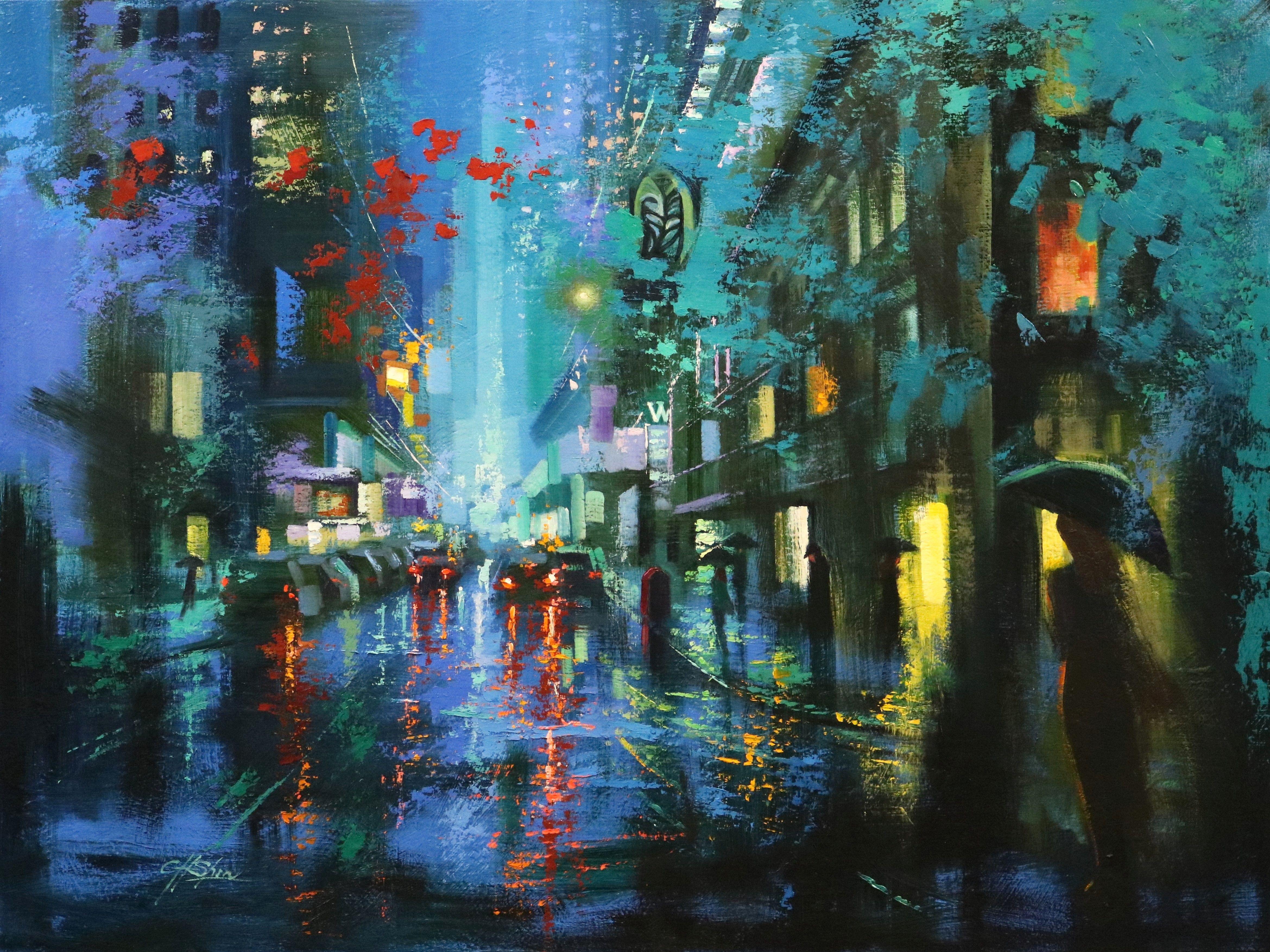 Blue Rain and City Walkers, Painting, Oil on Canvas