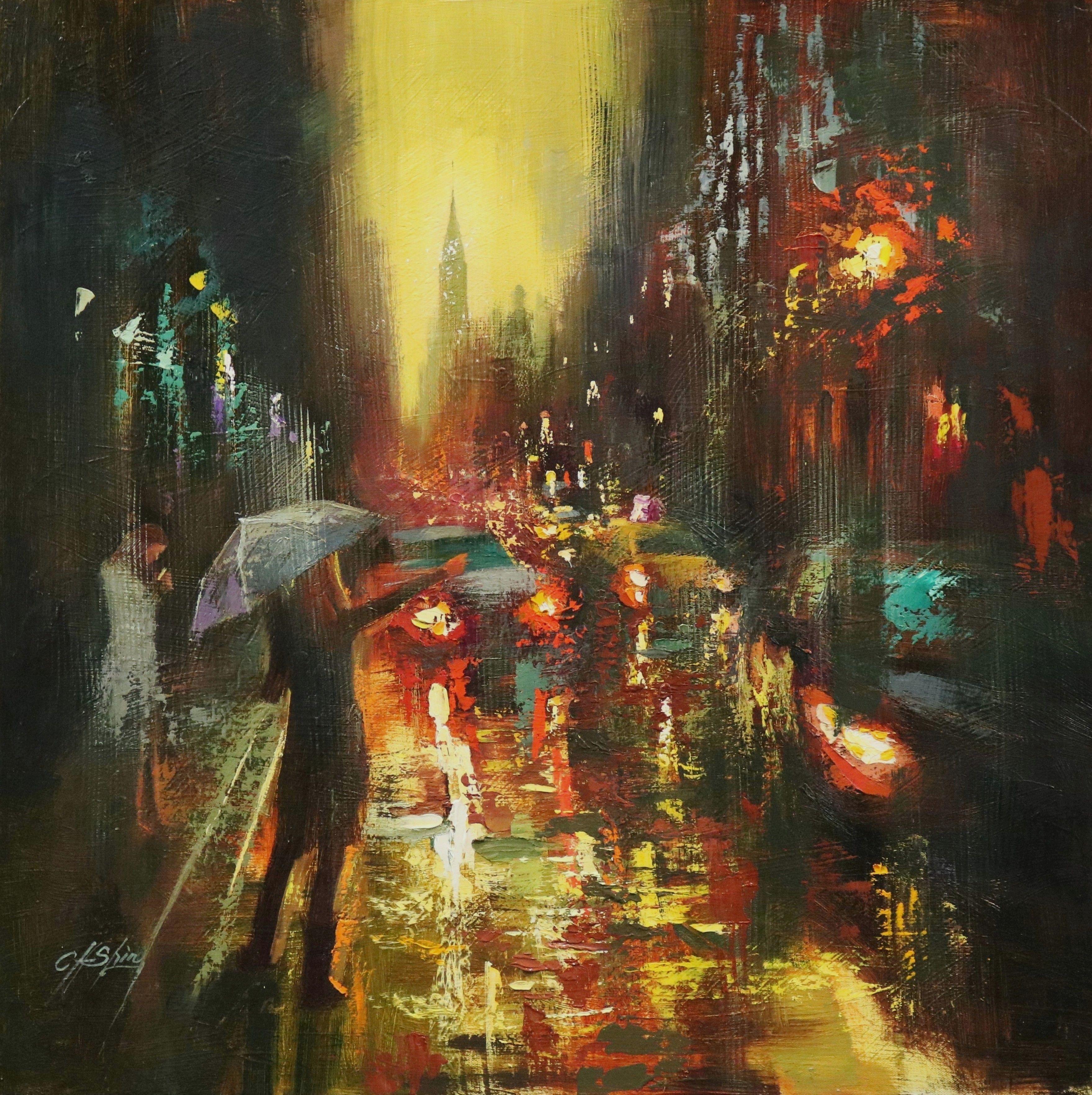 Stürmischer Tag in der Lexington Avenue, Gemälde, Öl auf Leinwand – Art von Chin H Shin