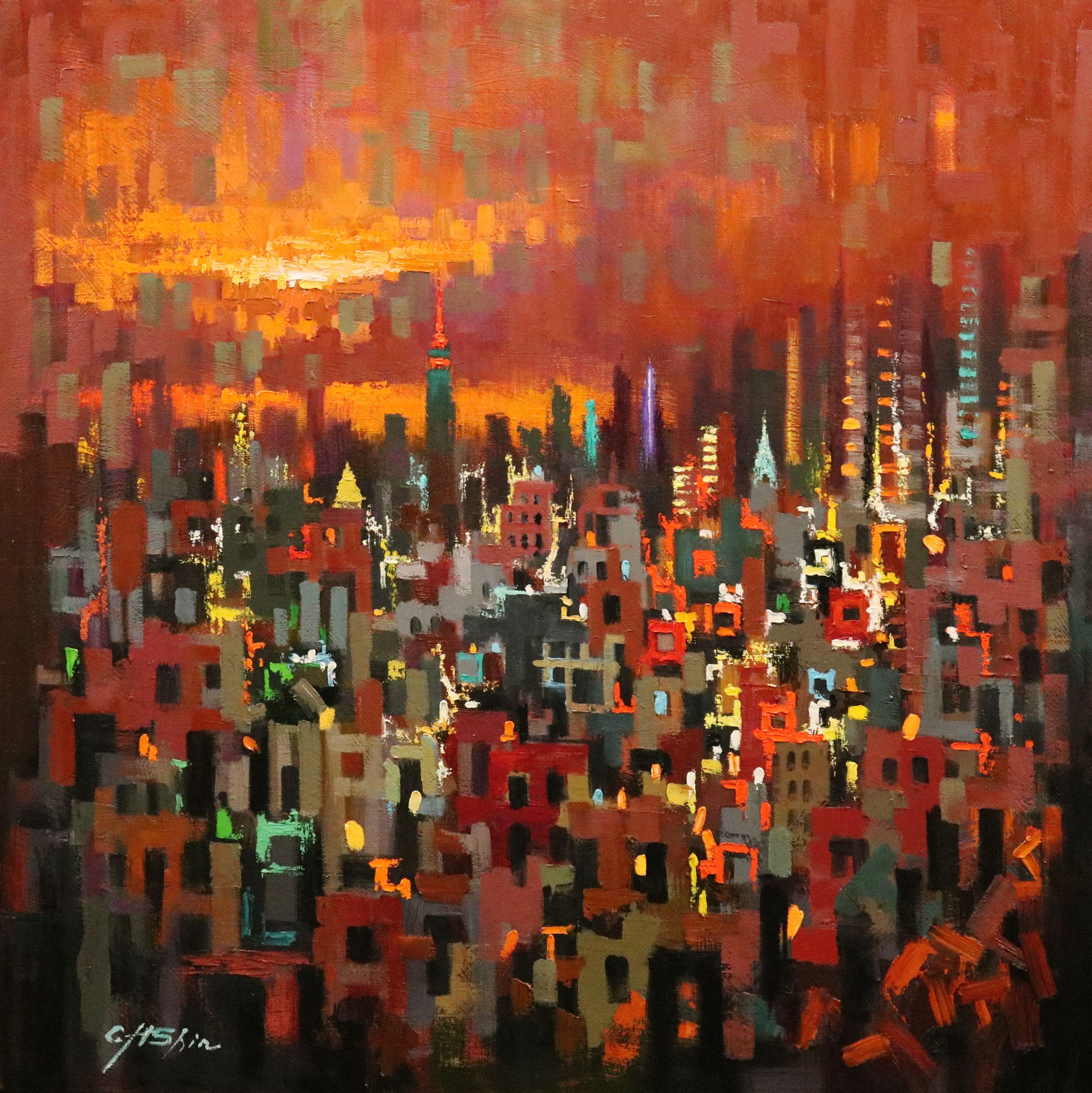 Der Herbst kommt nach New York, Gemälde, Öl auf Leinwand – Art von Chin H Shin