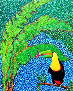 Paisaje tropical con pájaro tucán, Pintura, Acrílico sobre lienzo