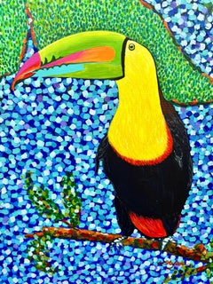 Paisaje tropical con pájaro tucán, Pintura, Acrílico sobre lienzo