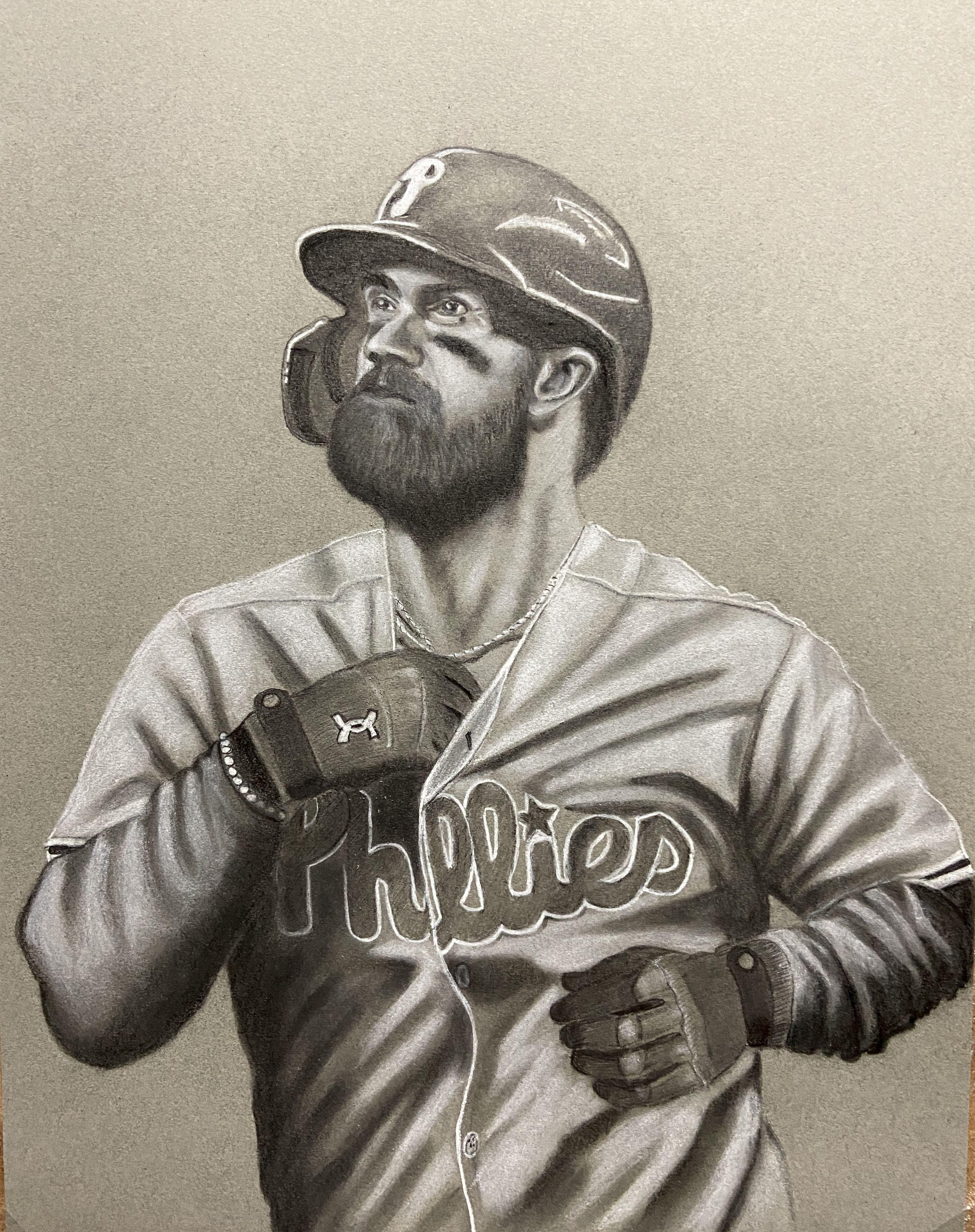 Bryce Harper, Zeichnung, Holzkohle auf Papier – Art von David Sipko