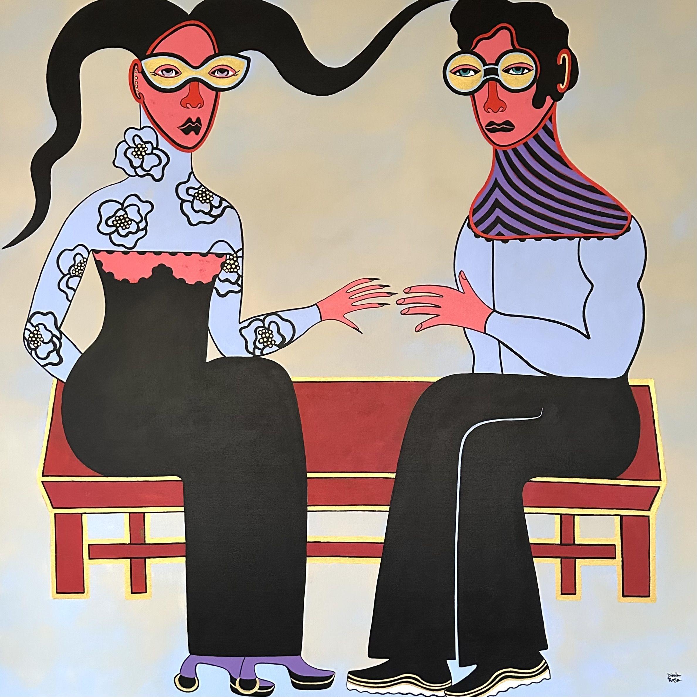 Banc d'amour, peinture, acrylique sur toile - Art de Diana Rosa