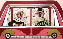 Driving with flamingos, Painting, Acrylic on Canvas