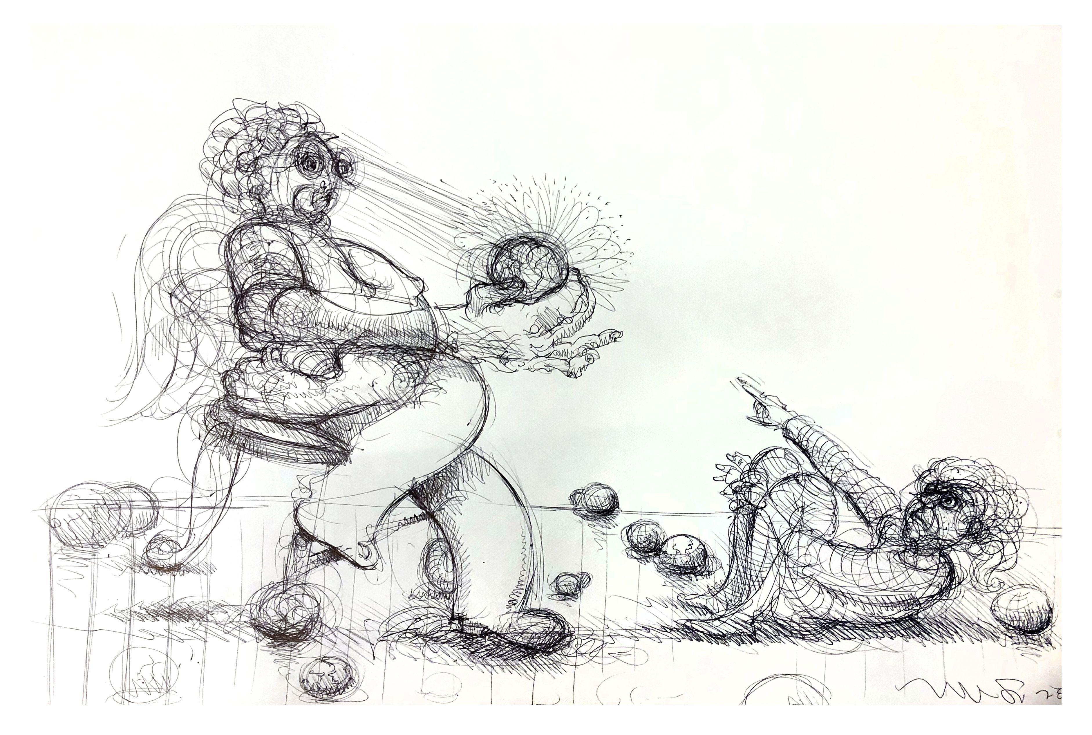 tiene tutto in mano, Disegno, Penna e Inchiostro su Carta Acquerello - Art di Edward Zelinsky