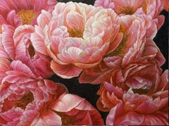 Red peonies on dark background, Painting, Oil on Canvas
