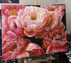 Red peonies on dark background, Painting, Oil on Canvas