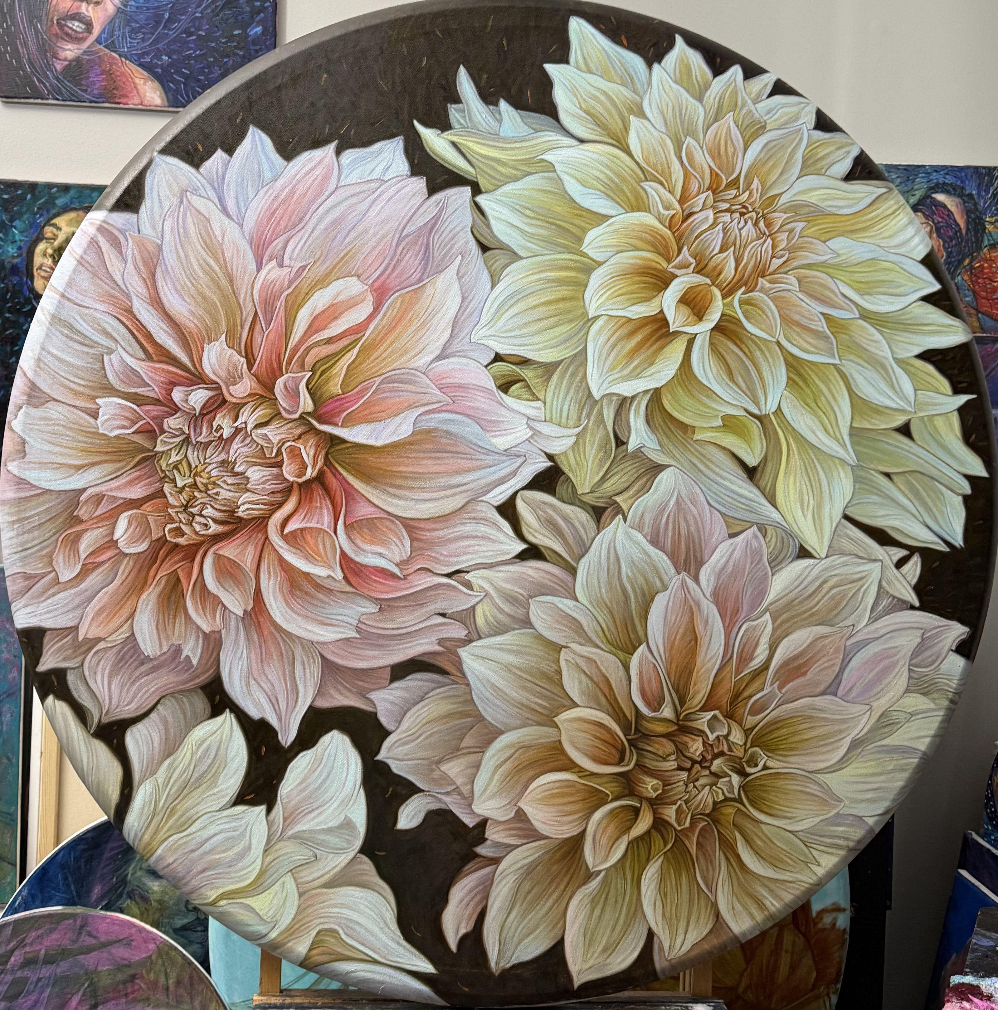 Dalias sobre lienzo redondo, Pintura, Óleo sobre lienzo - Art de Elena  Podmarkova 