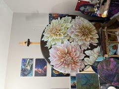 Dahlias on round canvas, Painting, Oil on Canvas