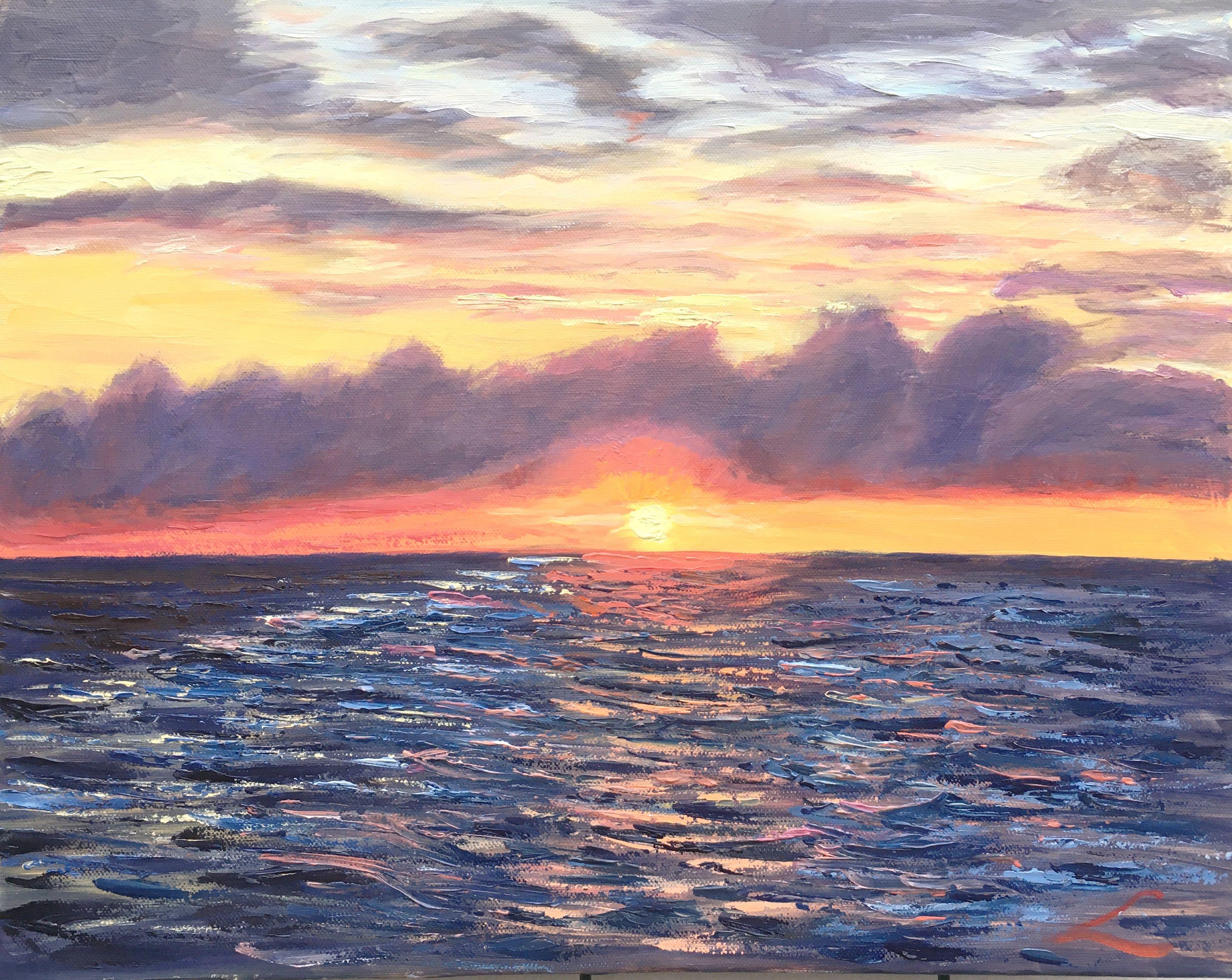 Sailing out of sunset, Painting, Oil on Canvas - Art by Elena Sokolova