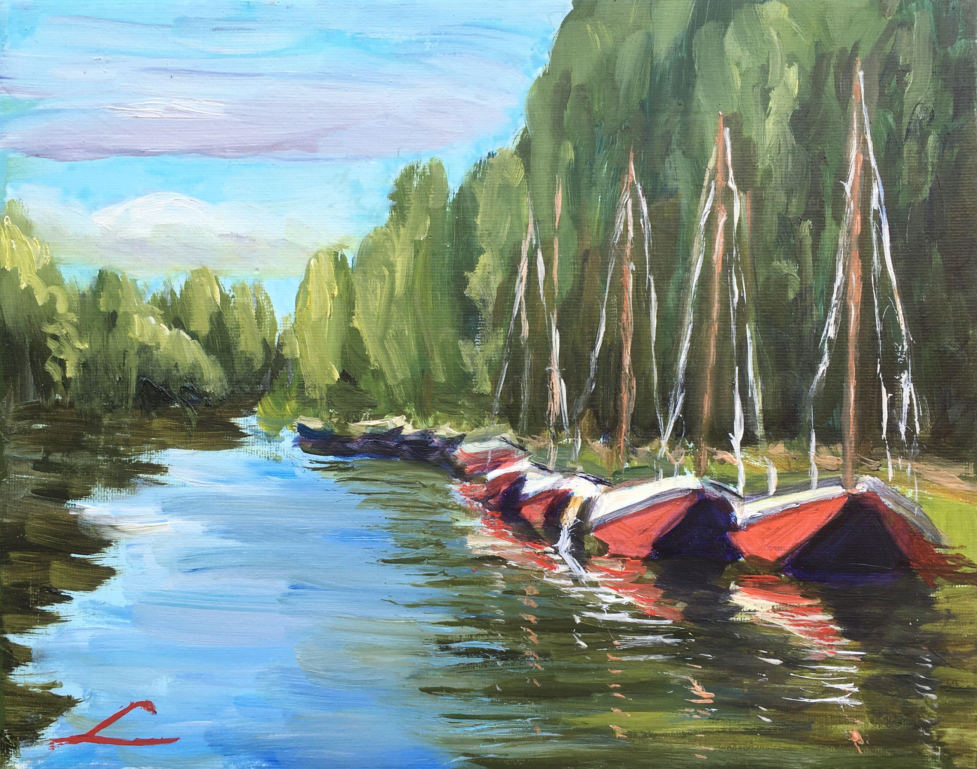 Docked boats, Painting, Oil on Canvas - Art by Elena Sokolova
