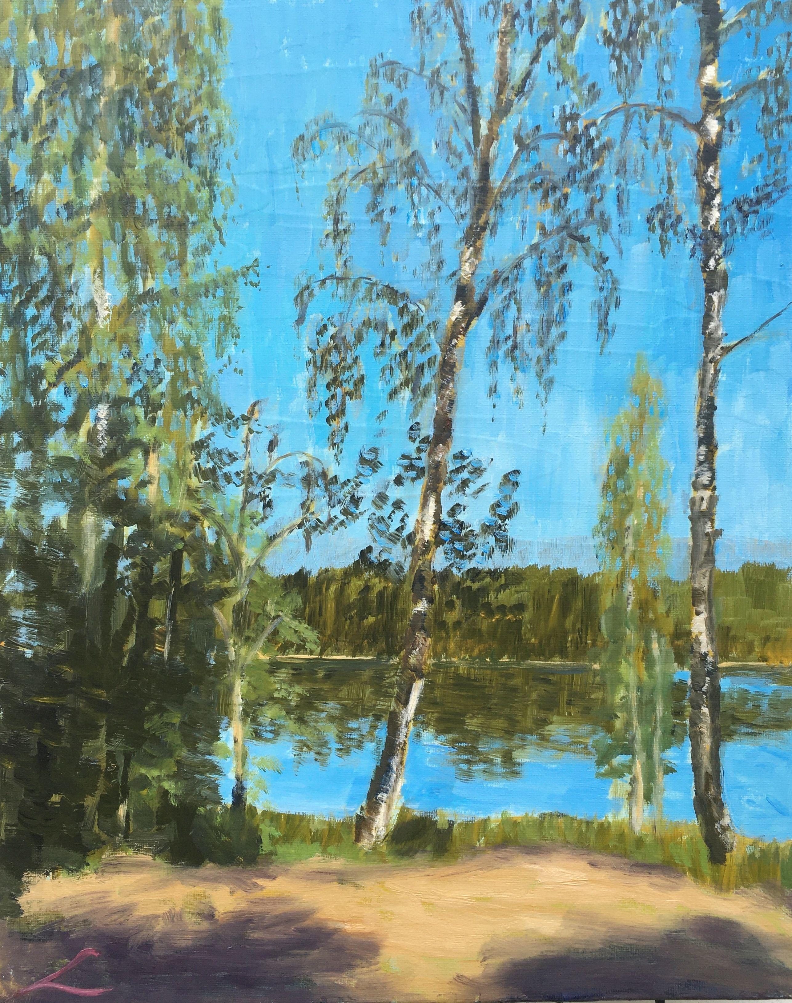 Pastor's lake trees 3, Painting, Oil on Canvas - Art by Elena Sokolova