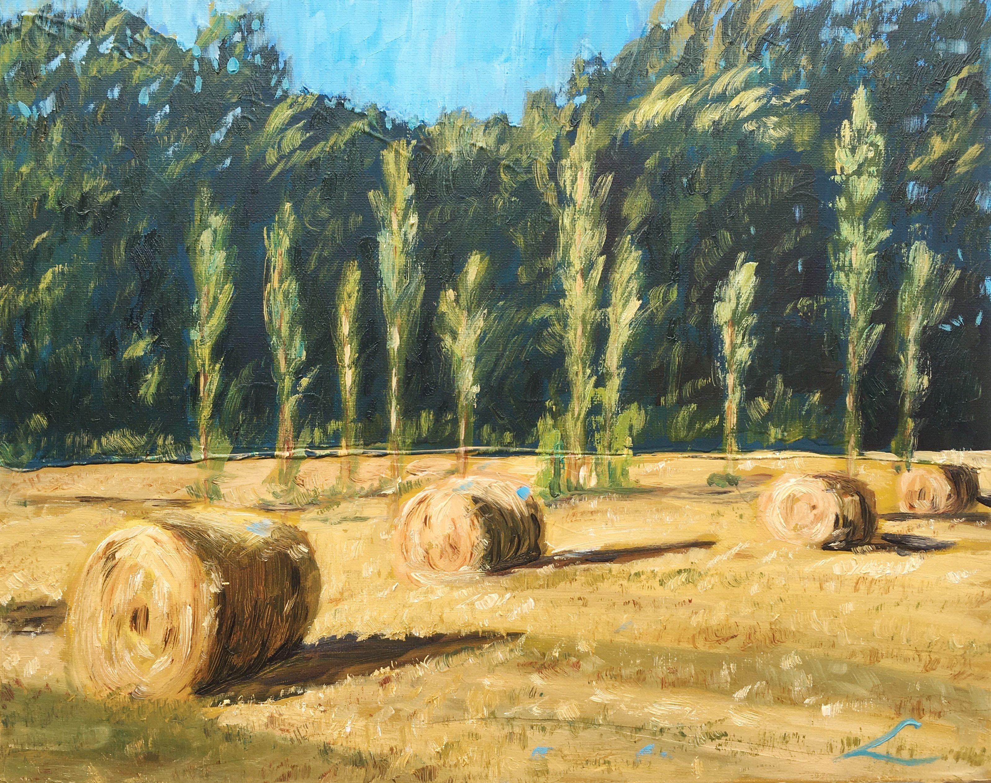 Haystacks 2025, peinture, huile sur toile - Art de Elena Sokolova