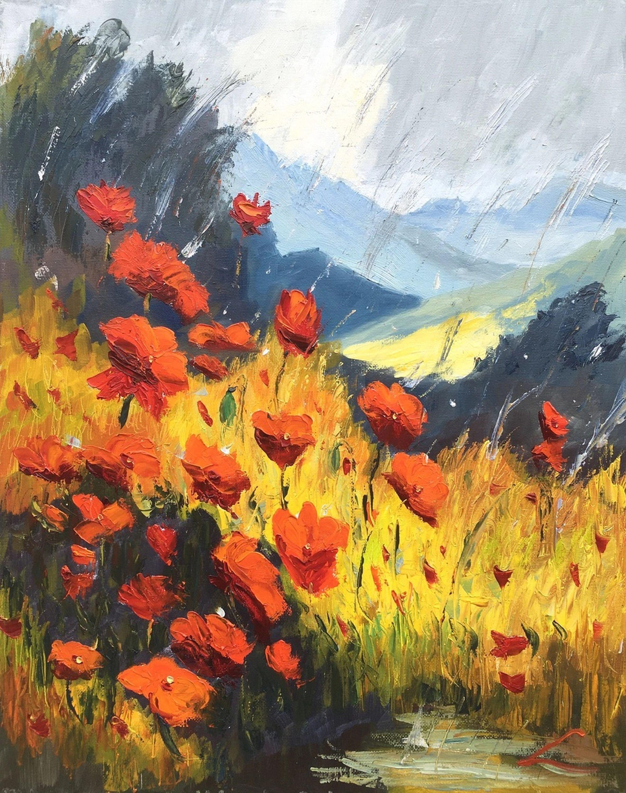 Mohnblumen im Regen, Gemälde, Öl auf Leinwand