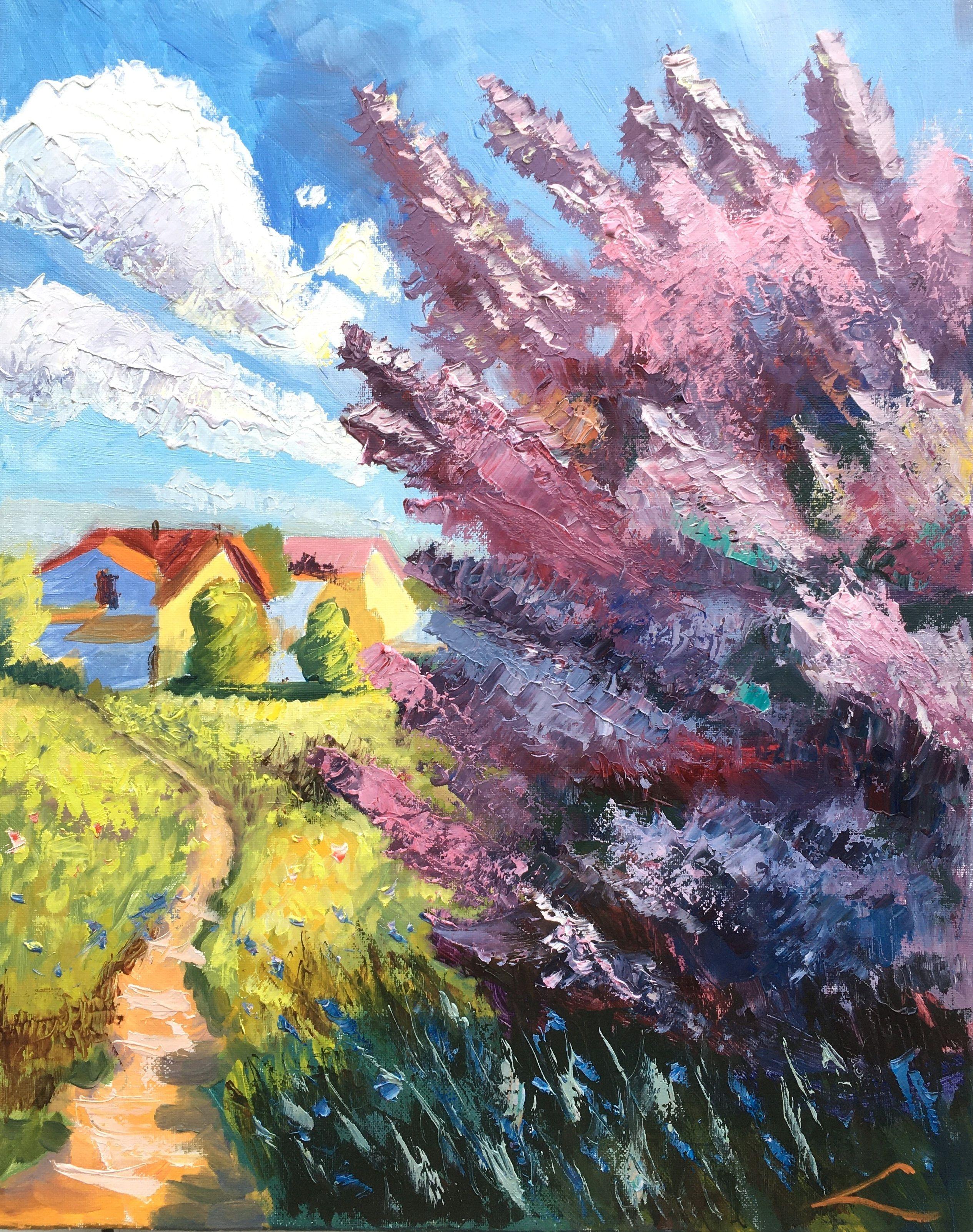 Landscape with lilac, Painting, Oil on Canvas - Art by Elena Sokolova