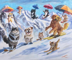 Chats et chiens sous la neige, Peinture, Huile sur toile