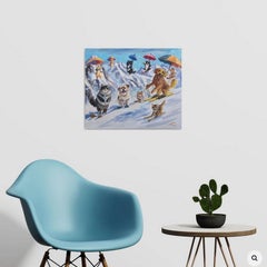Chats et chiens sous la neige, Peinture, Huile sur toile