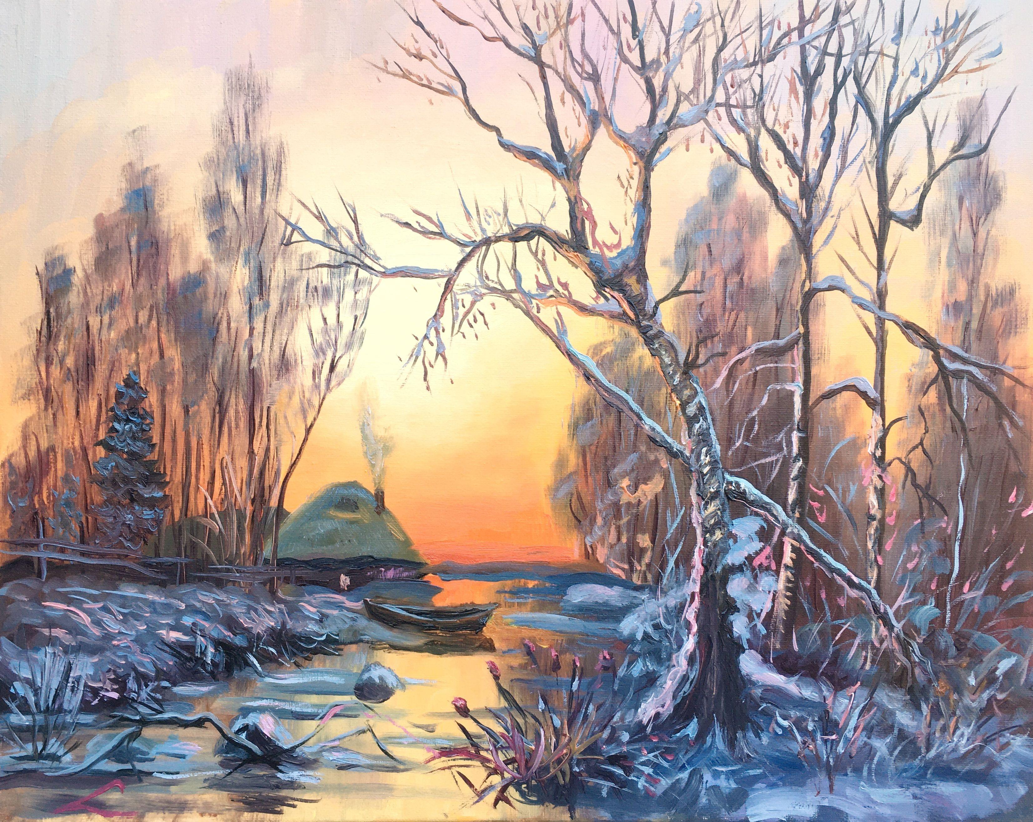 Winter scene at sunset, Painting, Oil on Canvas