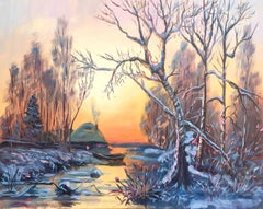 Winter scene at sunset, Painting, Oil on Canvas