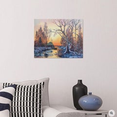 Winter scene at sunset, Painting, Oil on Canvas