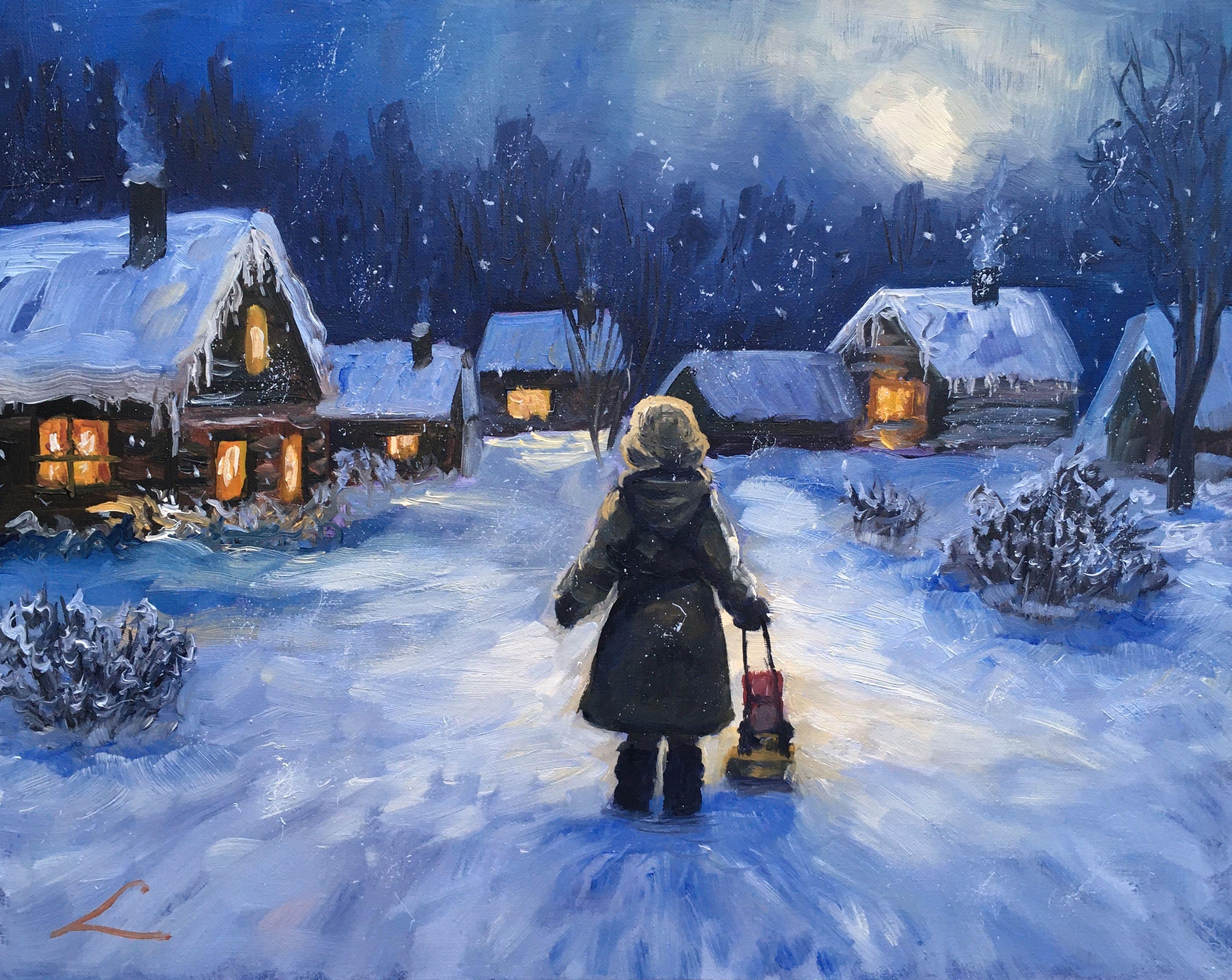 Village enneigé, Peinture, Huile sur toile - Art de Elena Sokolova