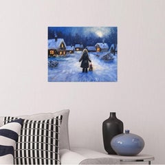 Verschneites Dorf, Gemälde, Öl auf Leinwand