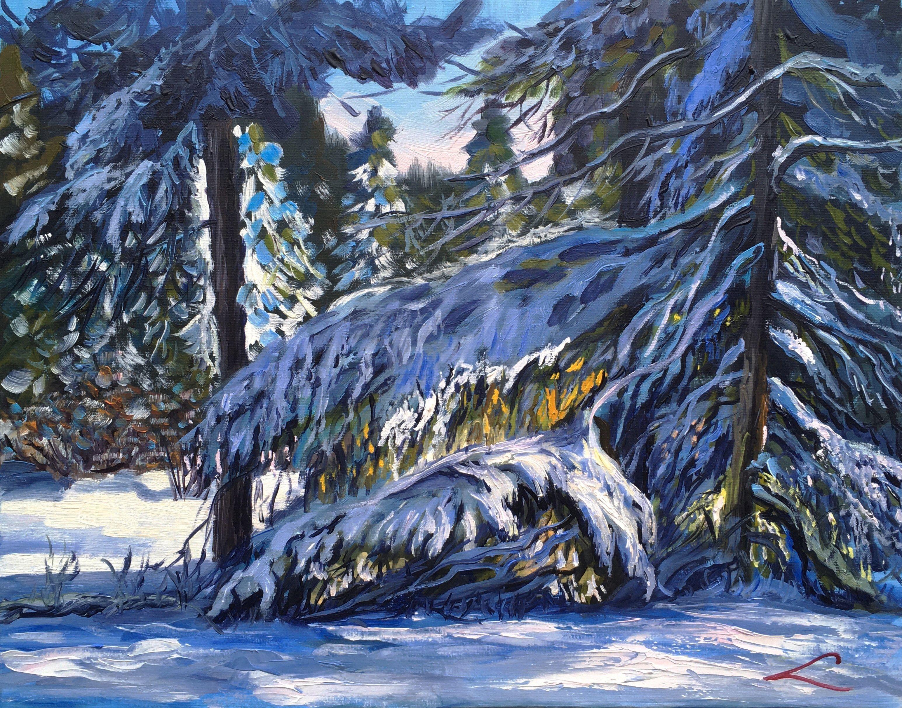 Forest in snow, Painting, Oil on Canvas - Art by Elena Sokolova