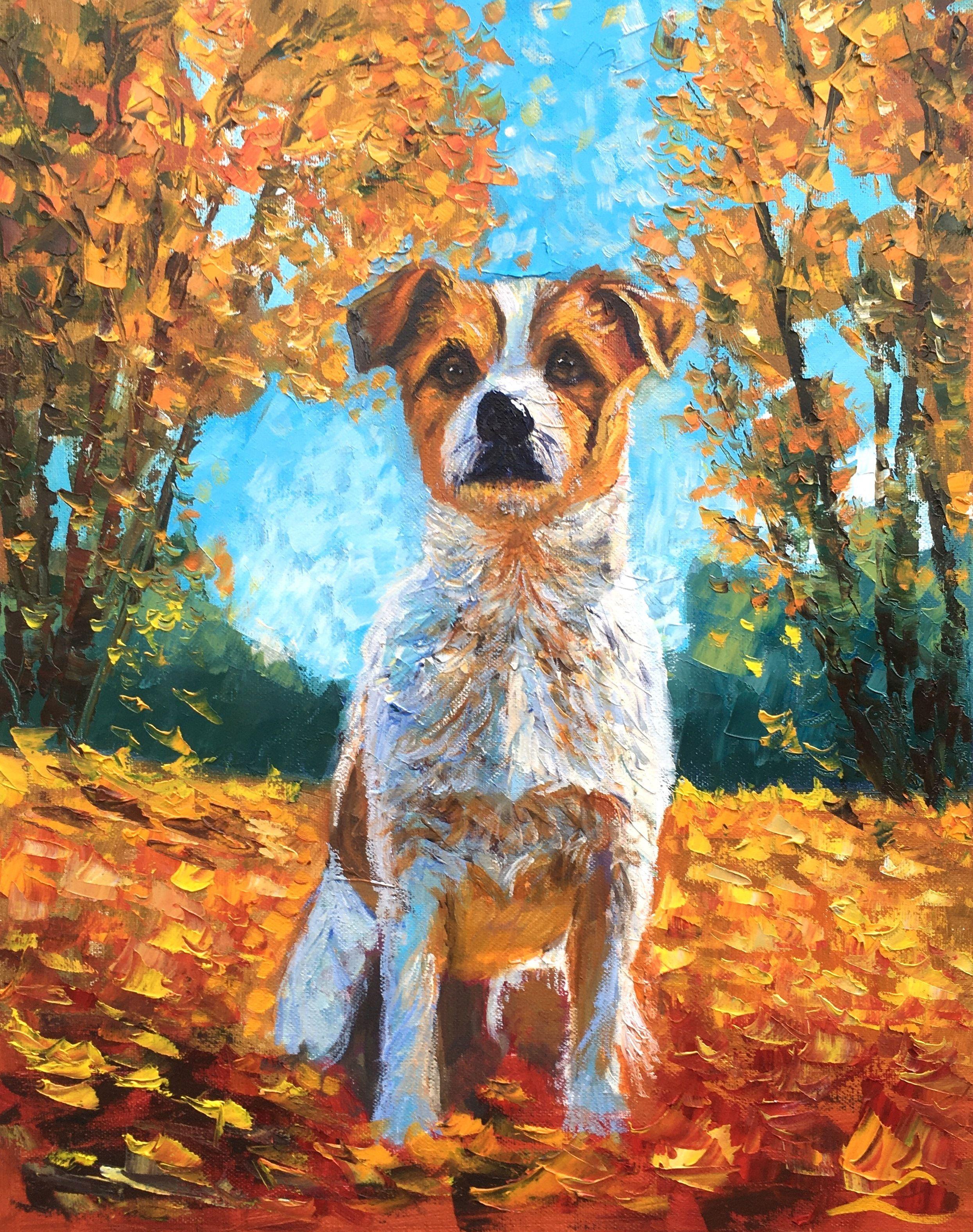 Dog in an Autumn landscape, Painting, Oil on Canvas - Art by Elena Sokolova