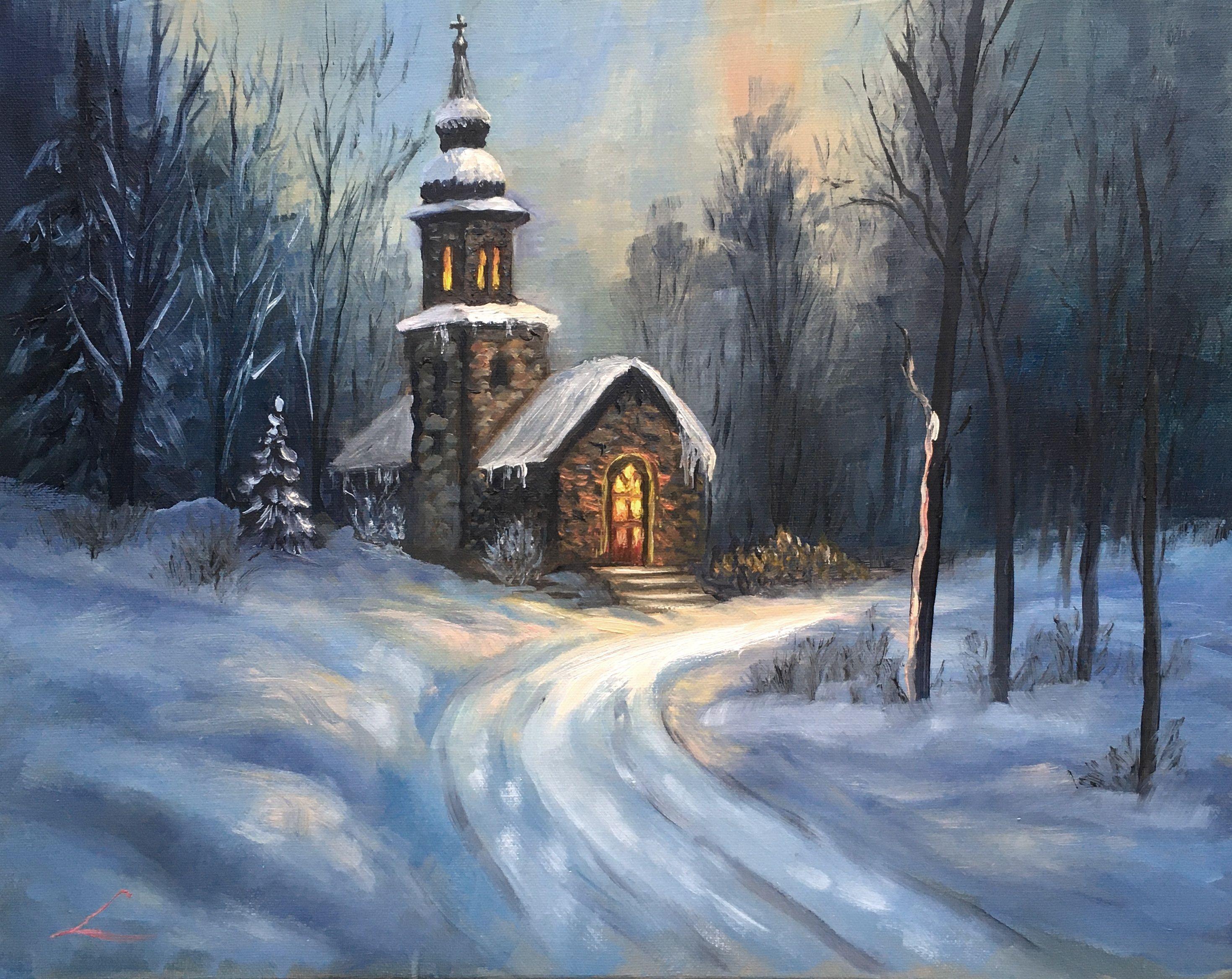 Cappella d'inverno, Pittura, Olio su tela - Art di Elena Sokolova