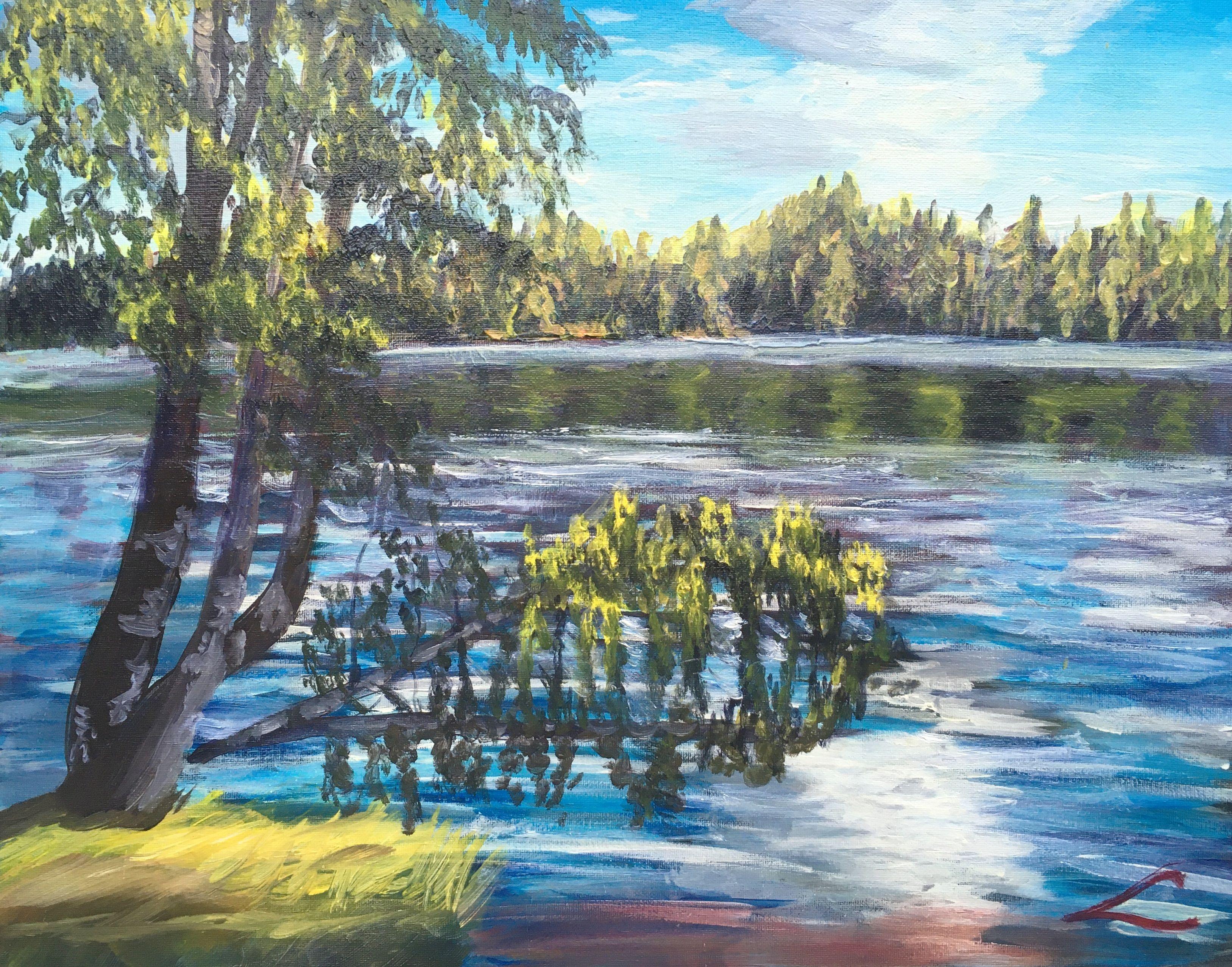 Pastors lake scene, Gemälde, Öl auf Leinwand – Art von Elena Sokolova