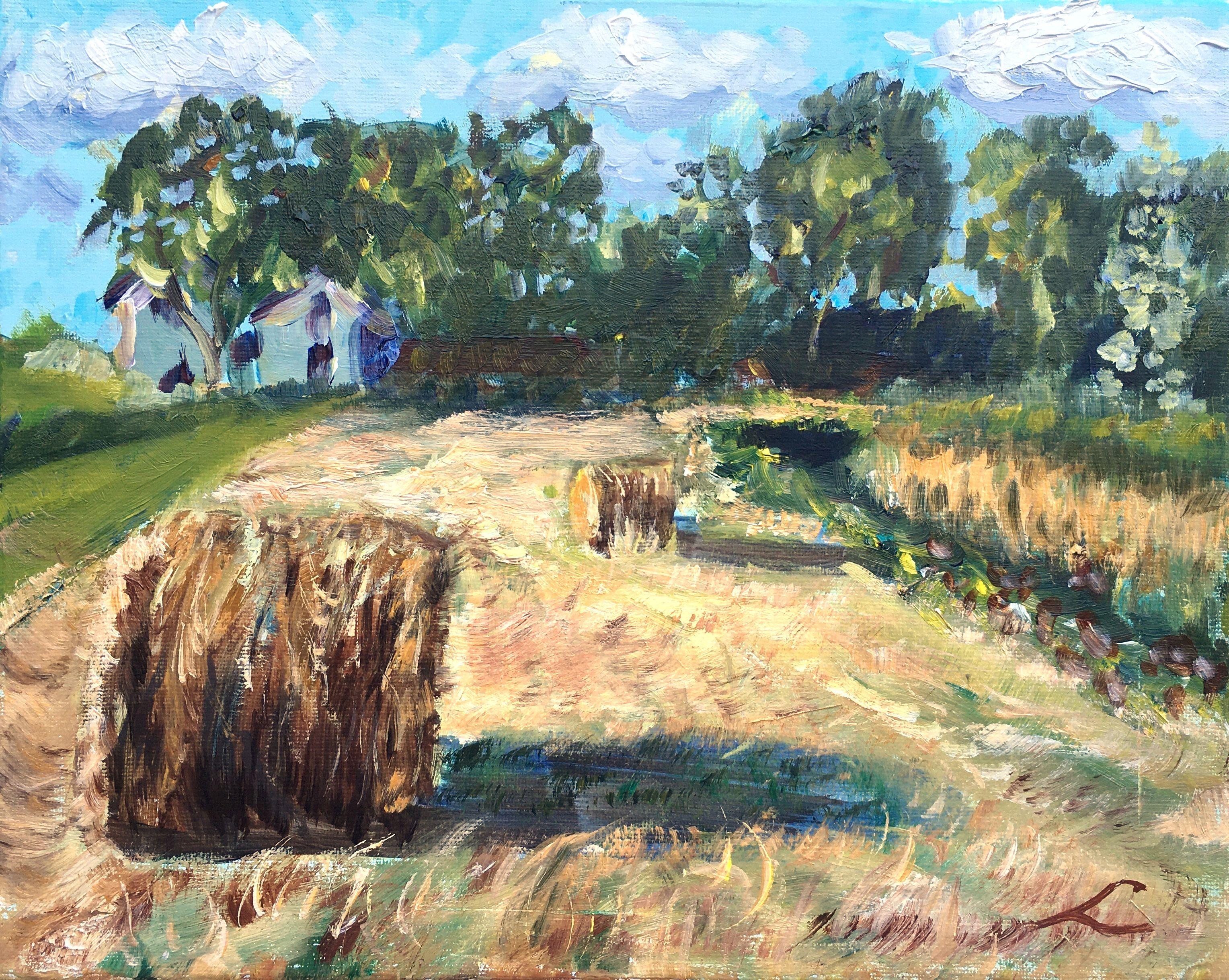Haystacks 2024, peinture, huile sur toile - Art de Elena Sokolova