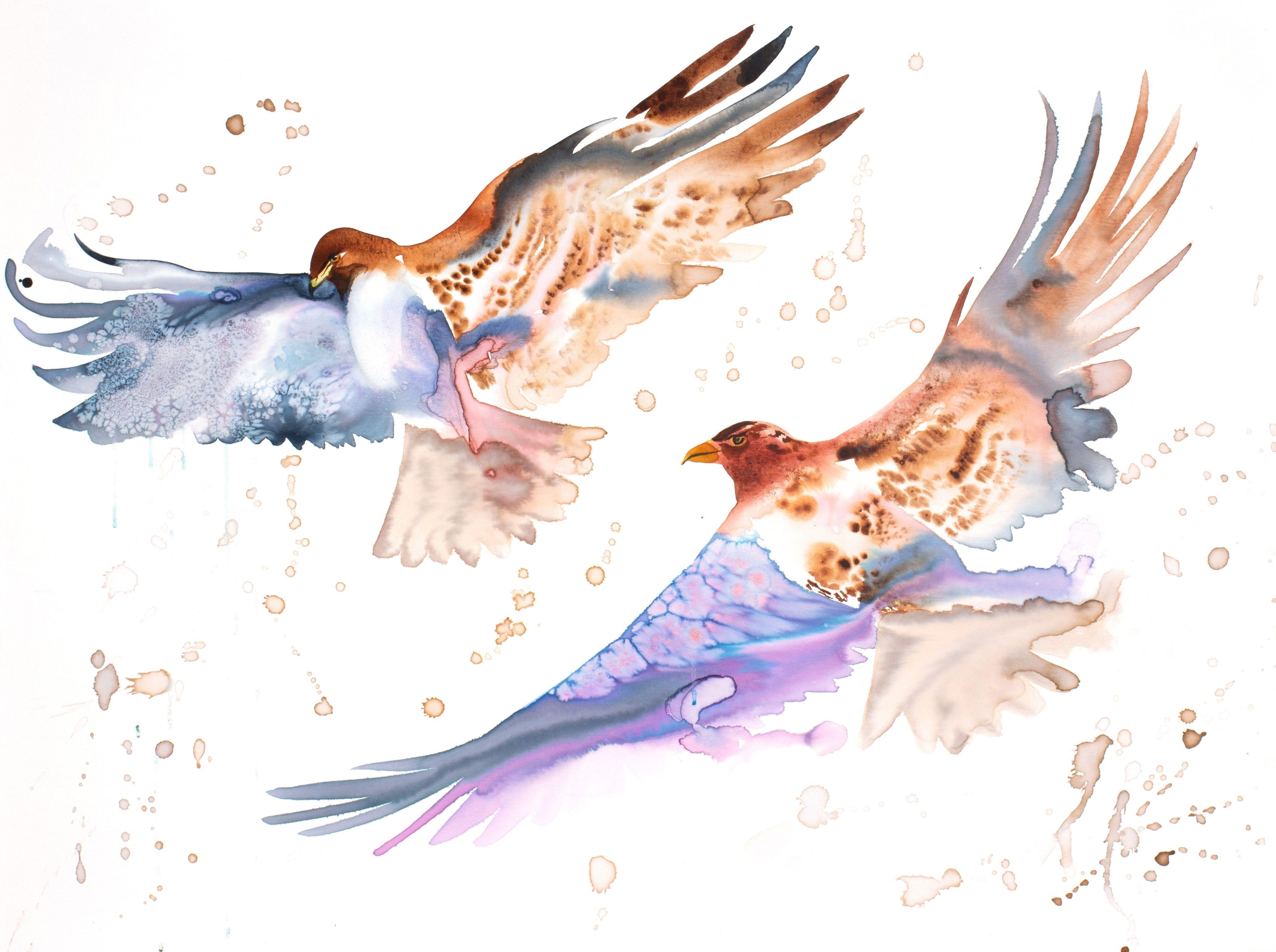 Hawks in Flight, Painting, Watercolor on Canvas - Art by Elizabeth Becker