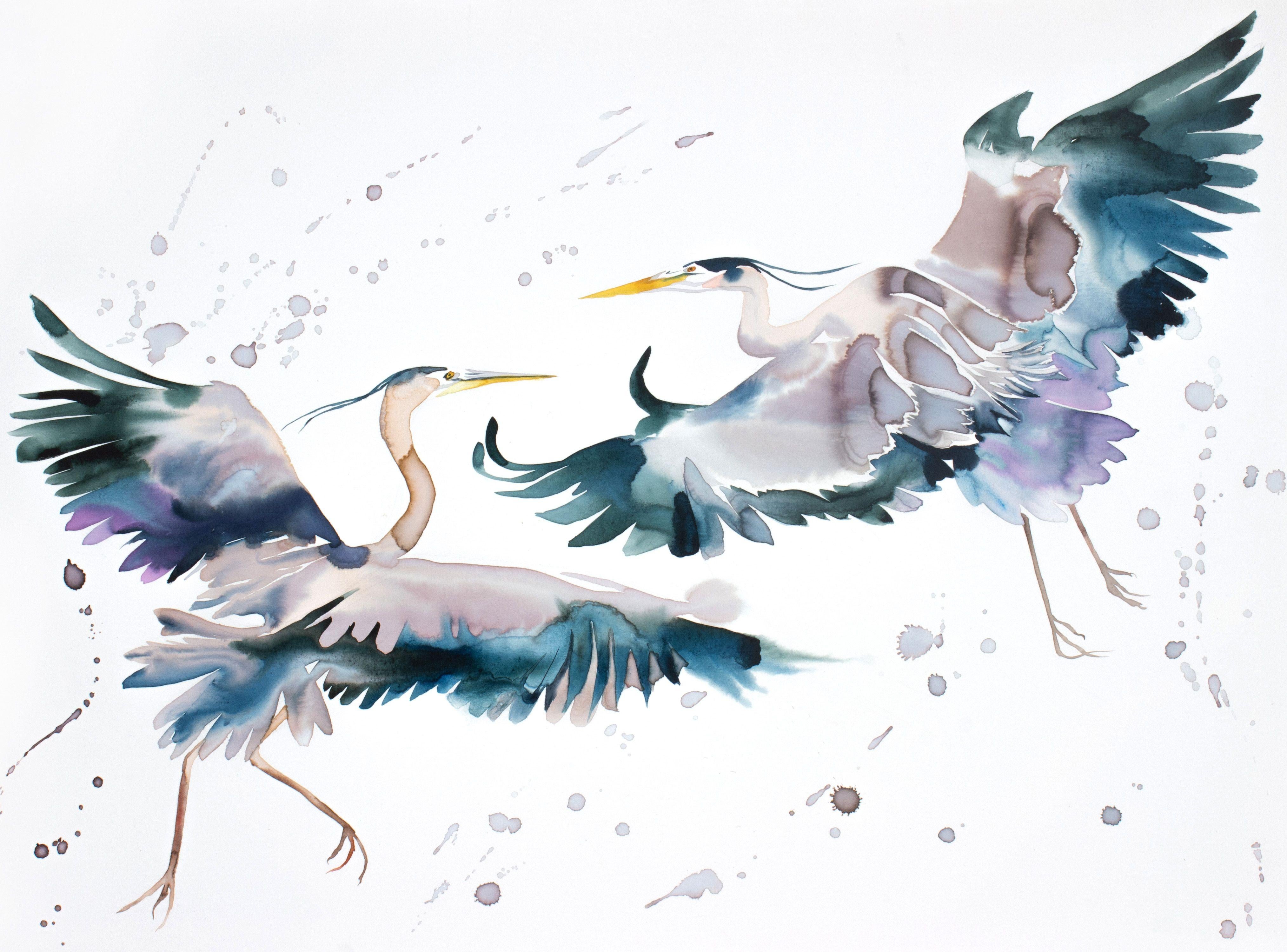 Herons in Flight No. 8, Painting, Watercolor on Canvas - Art by Elizabeth Becker