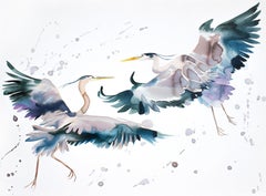 Herons in Flight No. 8, Painting, Watercolor on Canvas